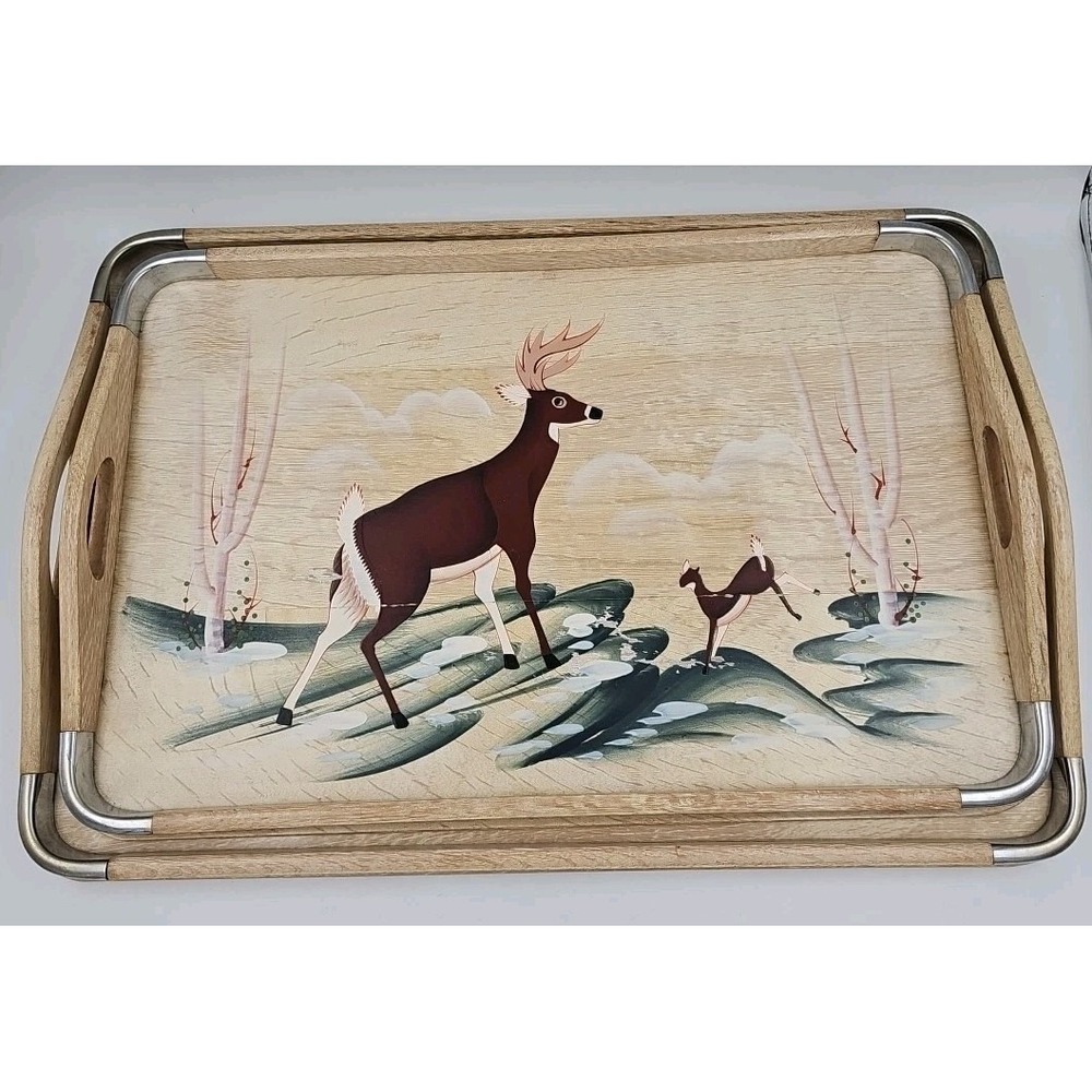 Vintage Japanese Tea Bar Serving Trays Hand Painted Wooden‎ Deer Buck Trees Doe